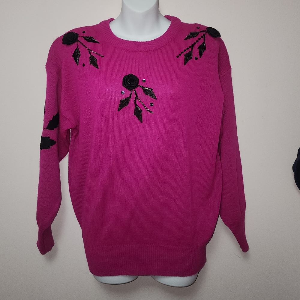 Vintage Beautifully Mine Fuchsia Black Beaded Rose Decorative Sweater Size L